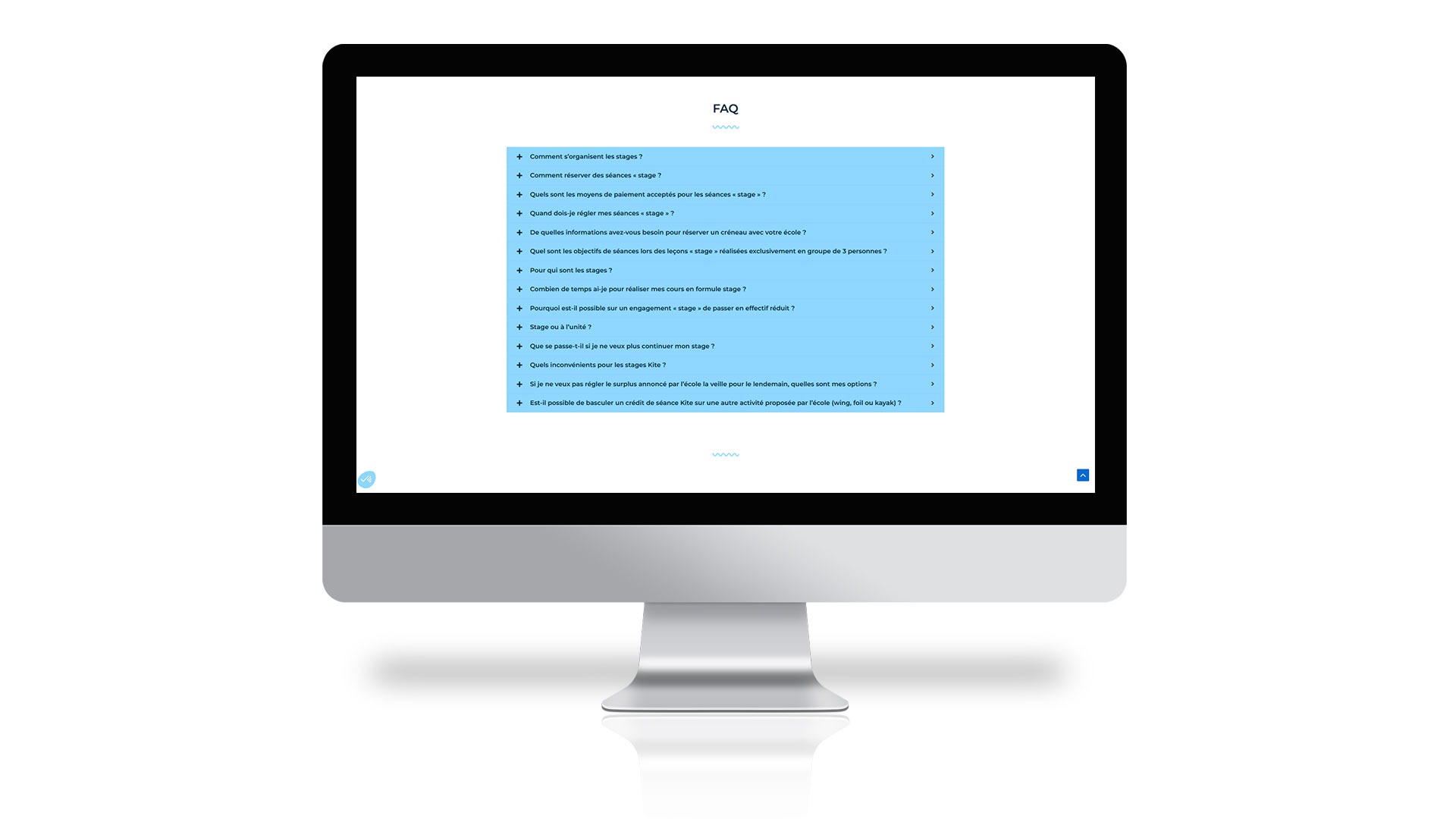 Image d'un module FAQ sur la page "Stages Kite".