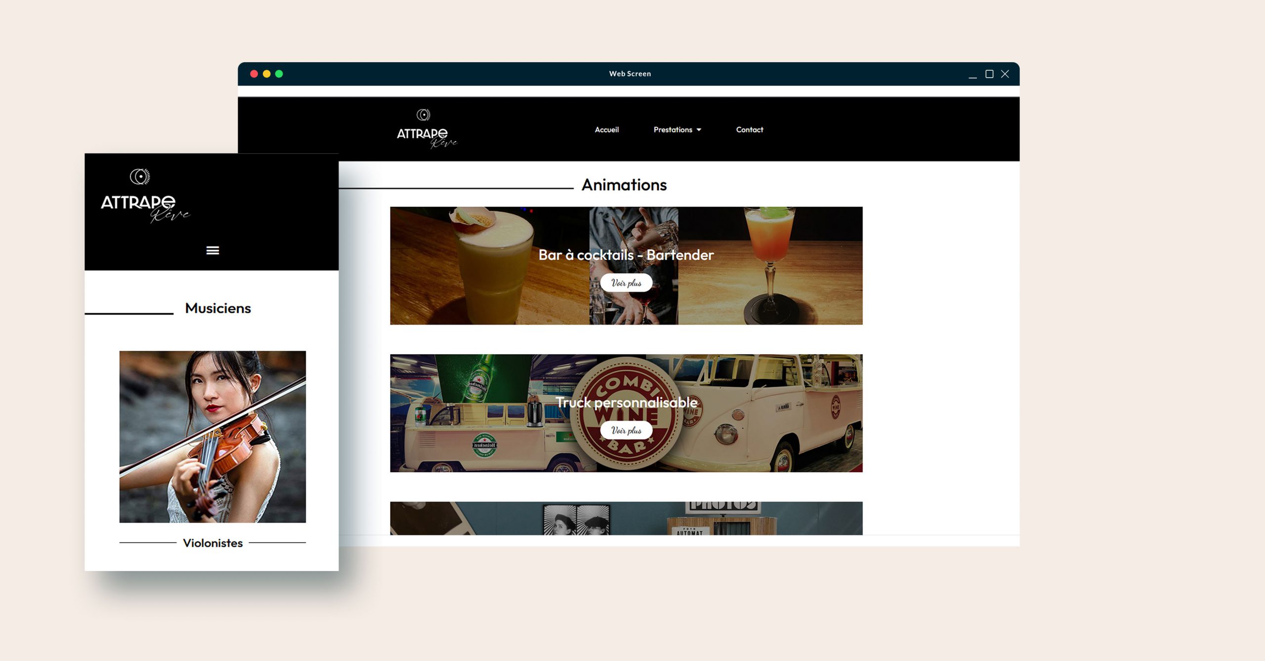 Images montrant une partie de la page "Animations" et de la page "Musiciens".