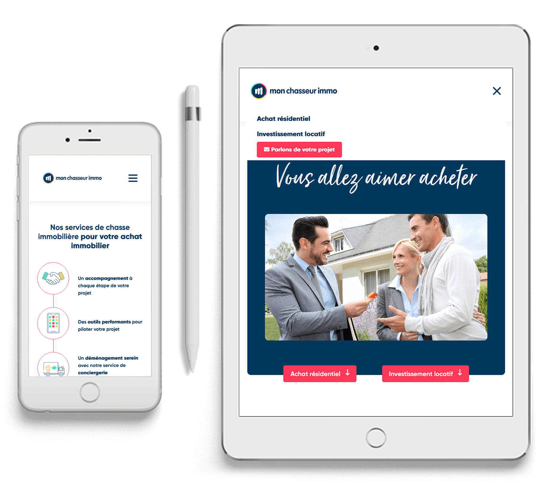 Images de deux sections de la Landing Page en version mobile et tablette.