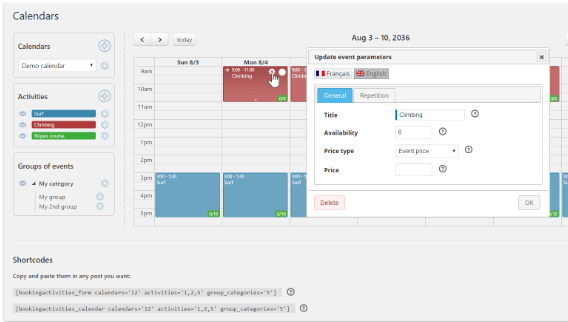 Image d'une extension permettant d'afficher des plannings et de réserver des activités.