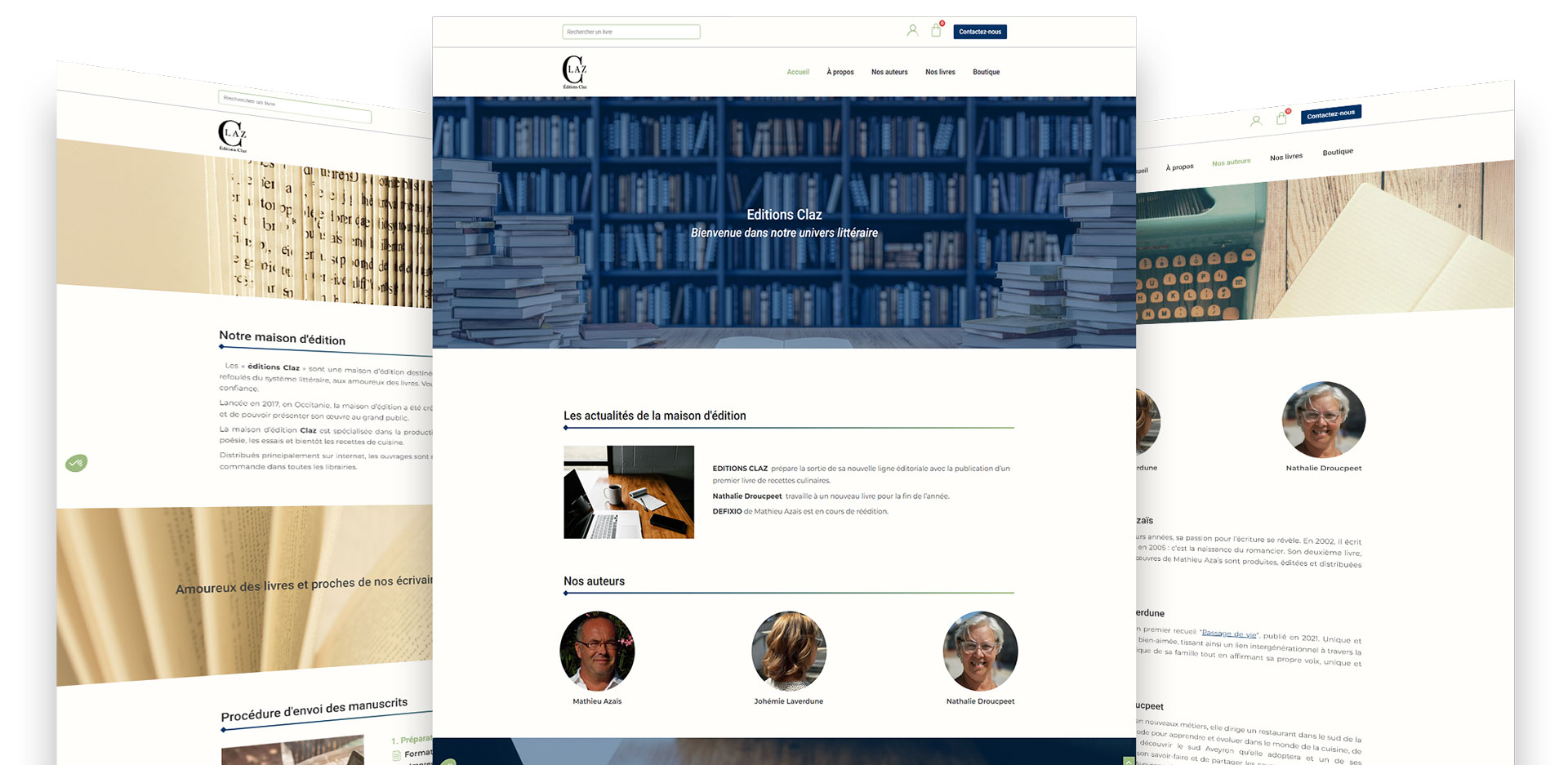 Photos montrant des aperçus du site internet des éditions Claz.