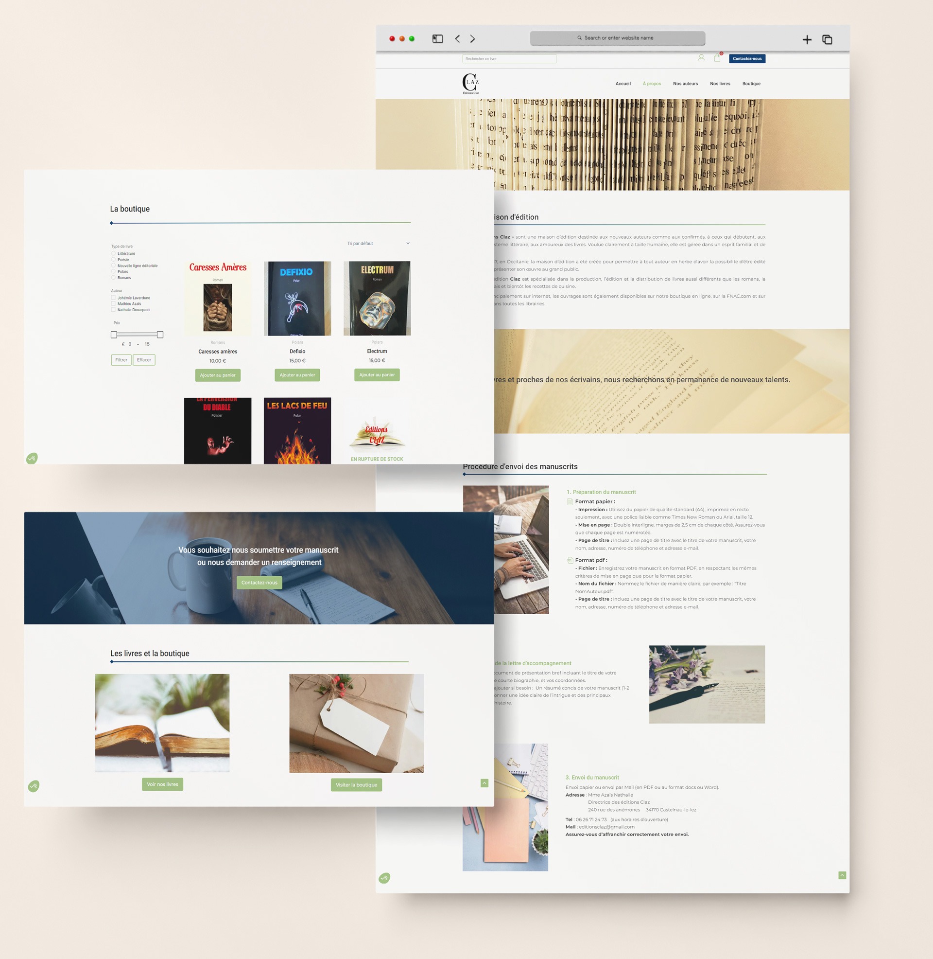 Photos de différentes pages du site internet des éditions Claz, créé par Atypic Lab.