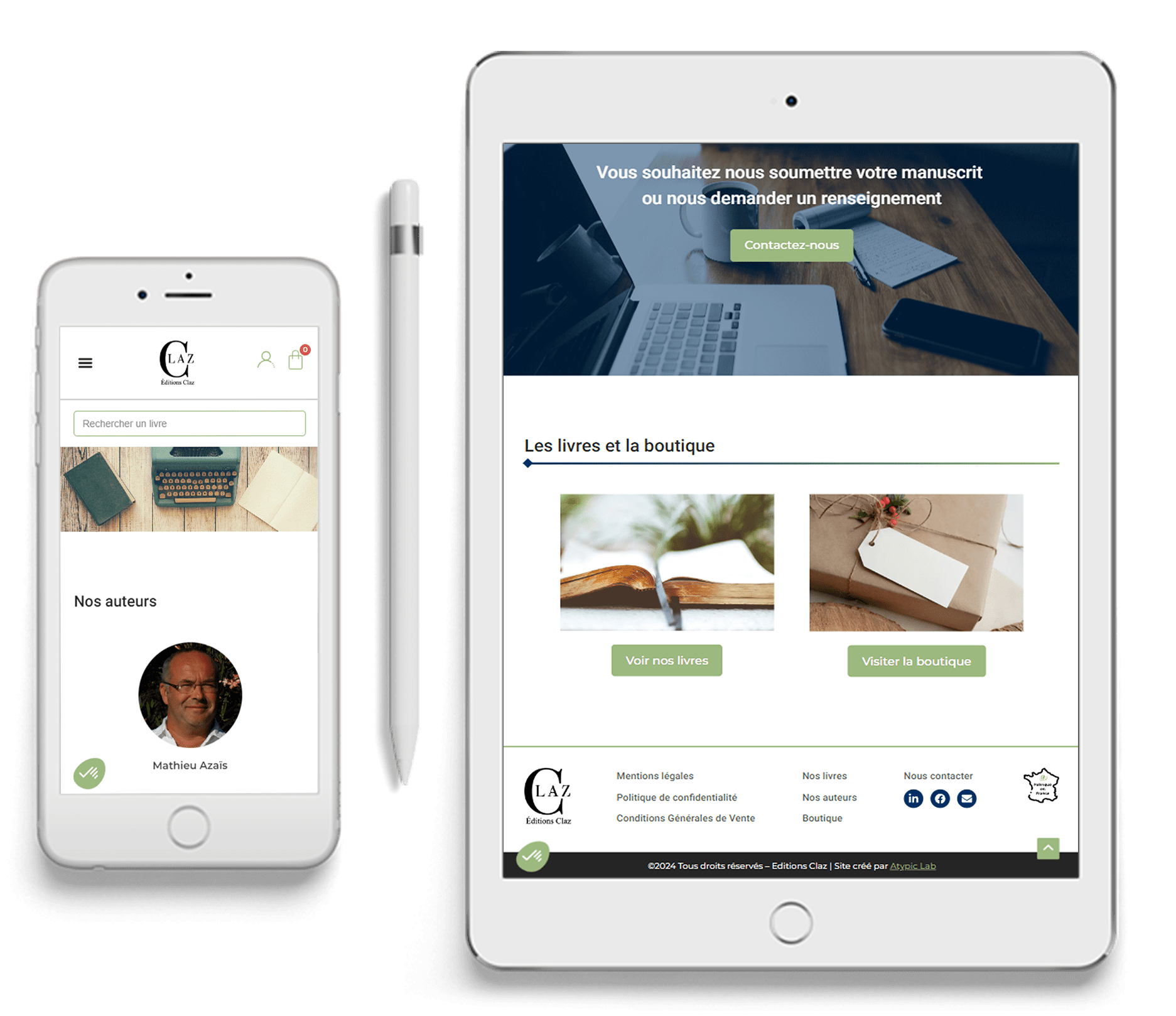 Photos du site des éditions claz en version mobile et tablette.